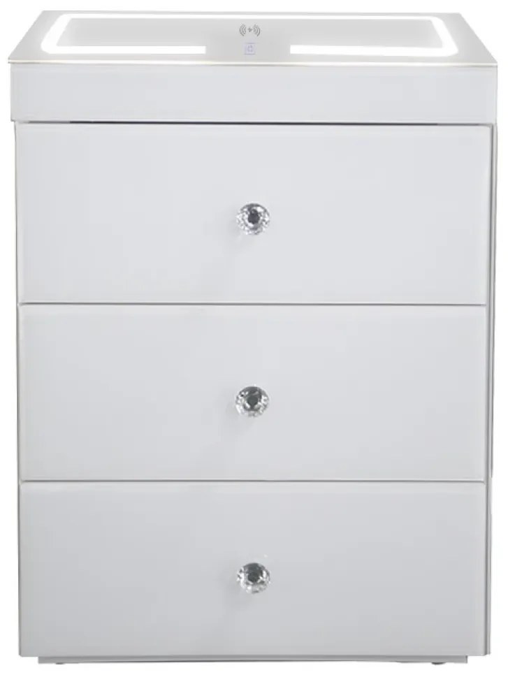 Noptieră inteligentă multifuncțională, din sticla tip oglindă, 3 sertare, LED-uri tactile, 3 tipuri de culoare, încărcare fără fir si USB, Difuzor Bluetooth, sticla securizata, 40x40x60 cm, Alb