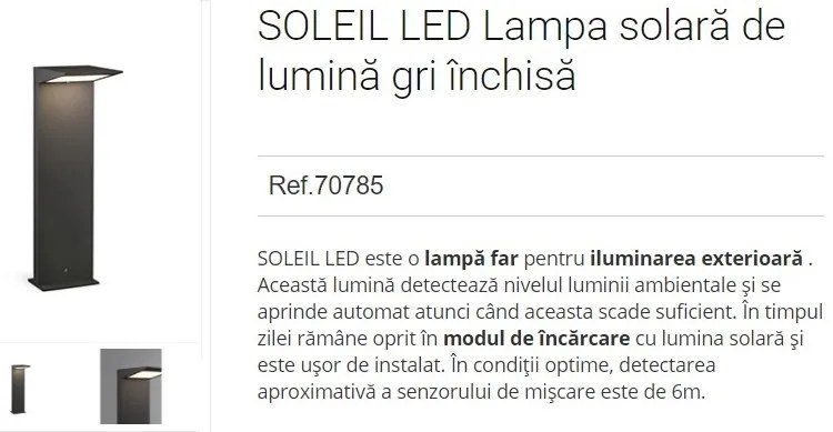 Stalp LED solar iluminat exterior ambiental IP54 SOLEIL