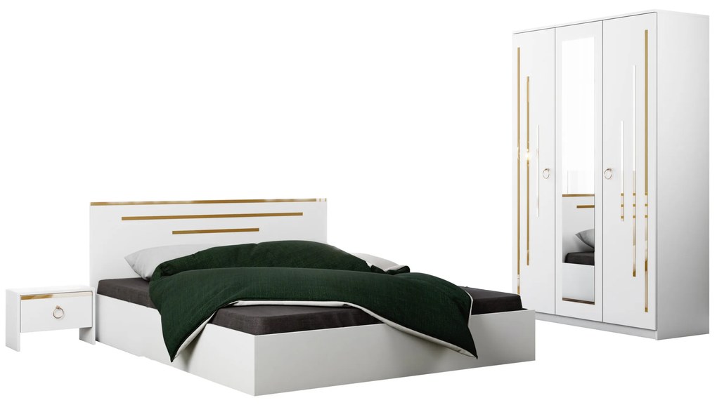 Dormitor Gold, culoare alb / auriu, pat standard 160x200 cm, dulap 123 cm si 2 noptiere