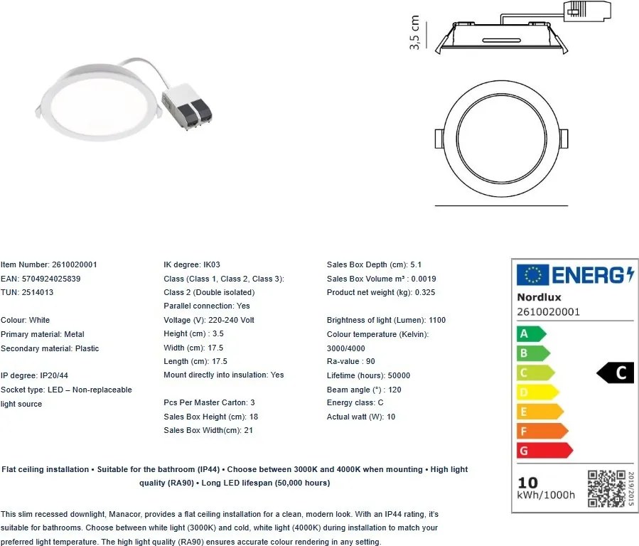 Spot LED incastrabil baie IP44 Manacor 18 alb