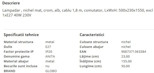 Lampadar / Lampa de podea design modern ANITA nickel