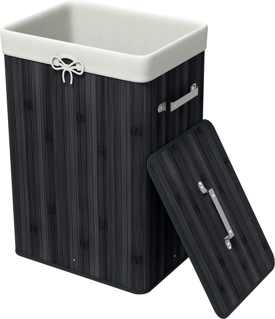 HOMCOM Coș de rufe, cutie rufe, colector de rufe cu capac, sac din pânză, bambus, pliabil, 72L, Negru 40 x 30 x 60 cm | Aosom Romania