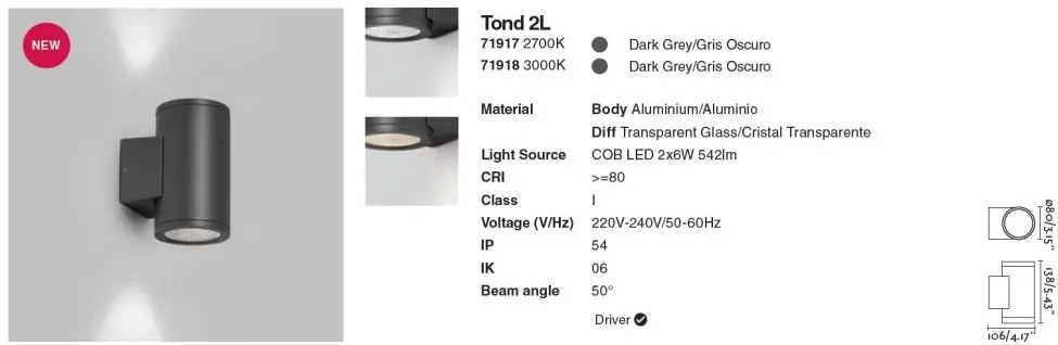 Aplica LED exterior iluminat arhitectural IP54 TOND 2L 2700K