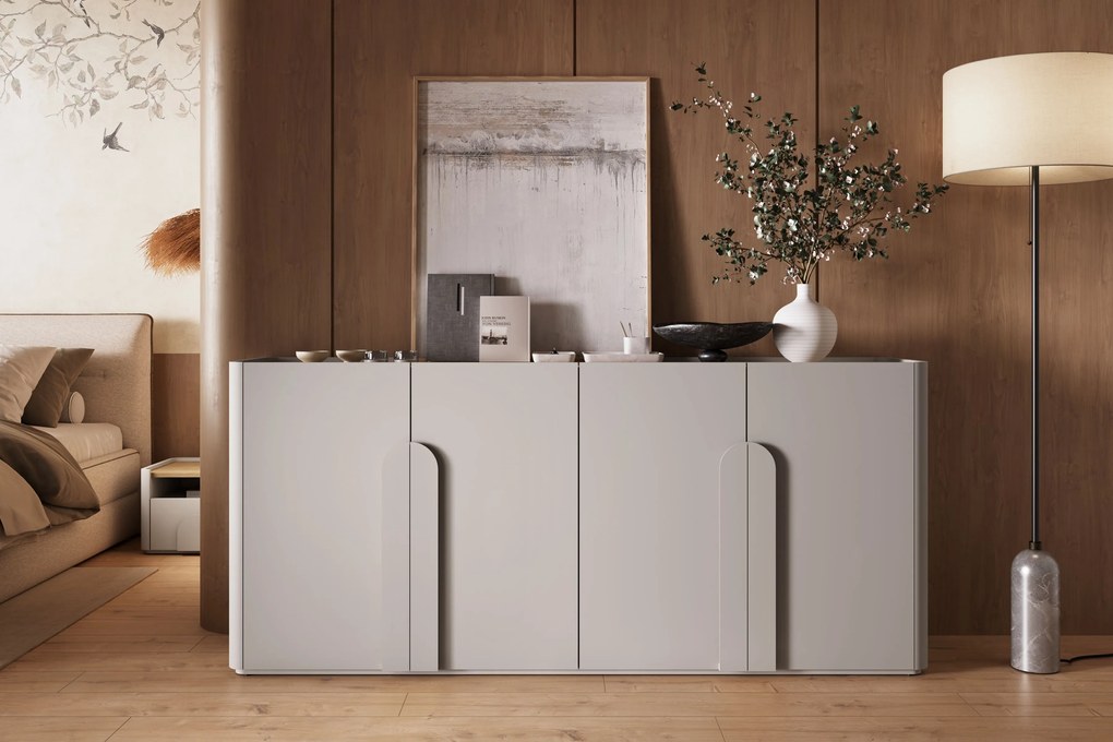 Comodă cu patru uși Amilio 200 cm - cașmir / stejar uleiat / mânere cașmir