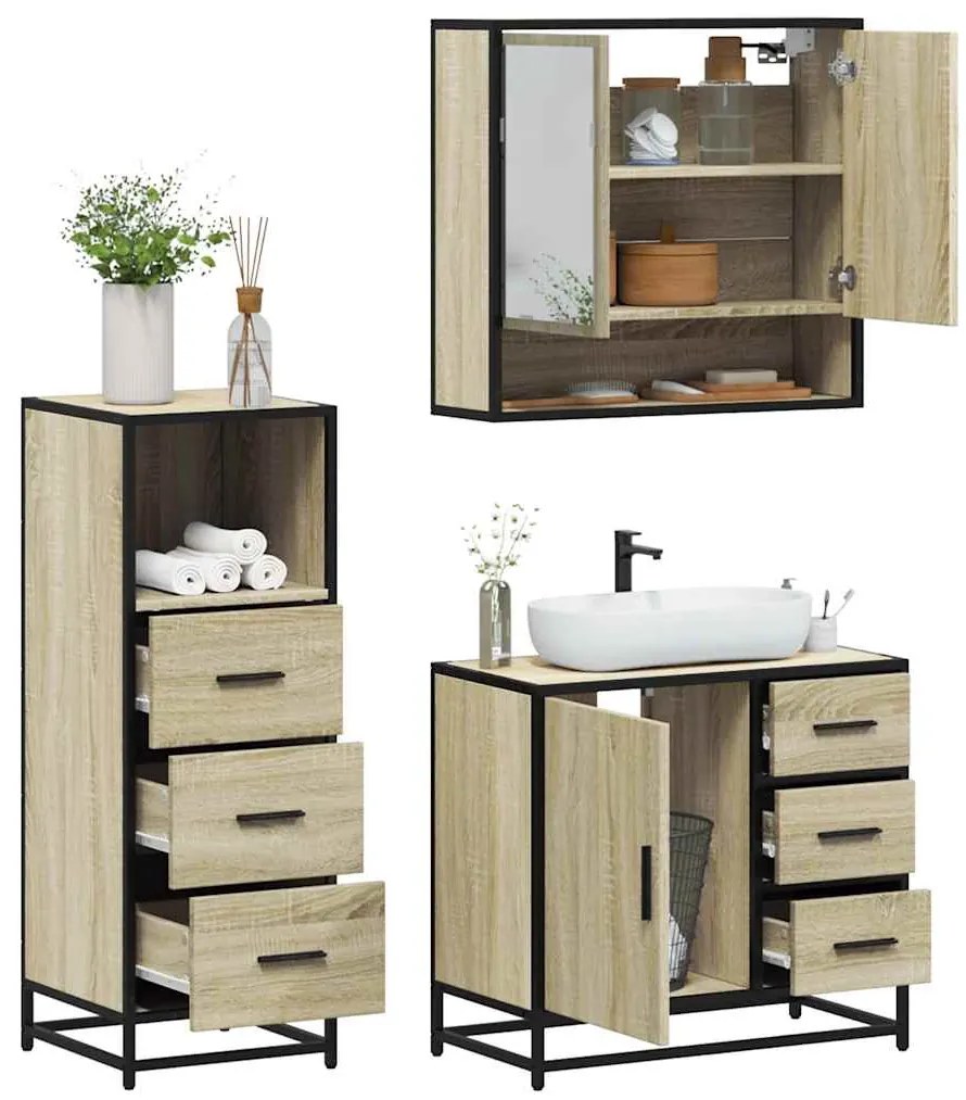 vidaXL Set mobilier de baie, 3 piese, stejar sonoma, lemn prelucrat