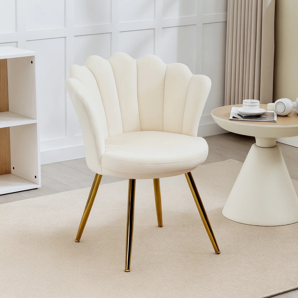 HOMCOM Fotoliu scoică scaun pentru masă de toaletă fotoliu din catifea fotoliu de salon cu picioare din metal auriu bej | Aosom Romania