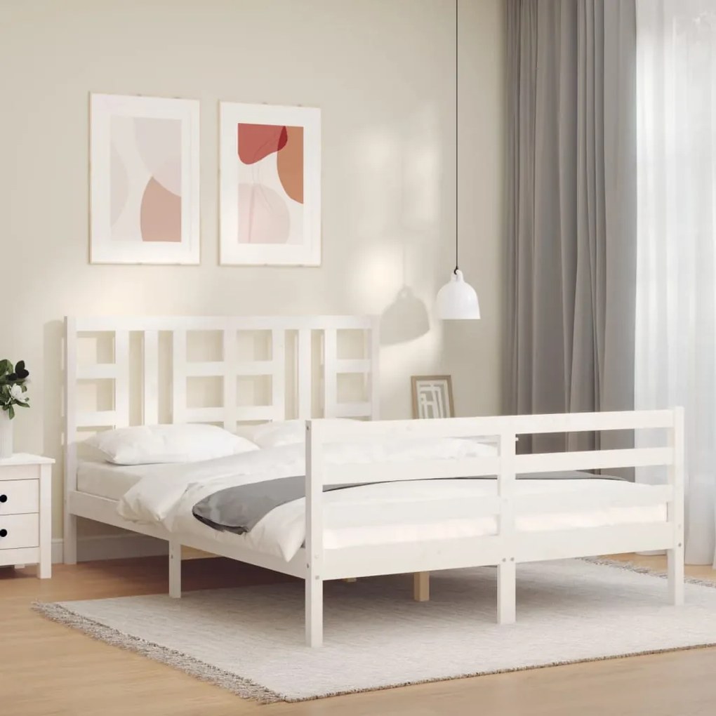 3193932 vidaXL Cadru de pat cu tăblie, alb, 160x200 cm, lemn masiv