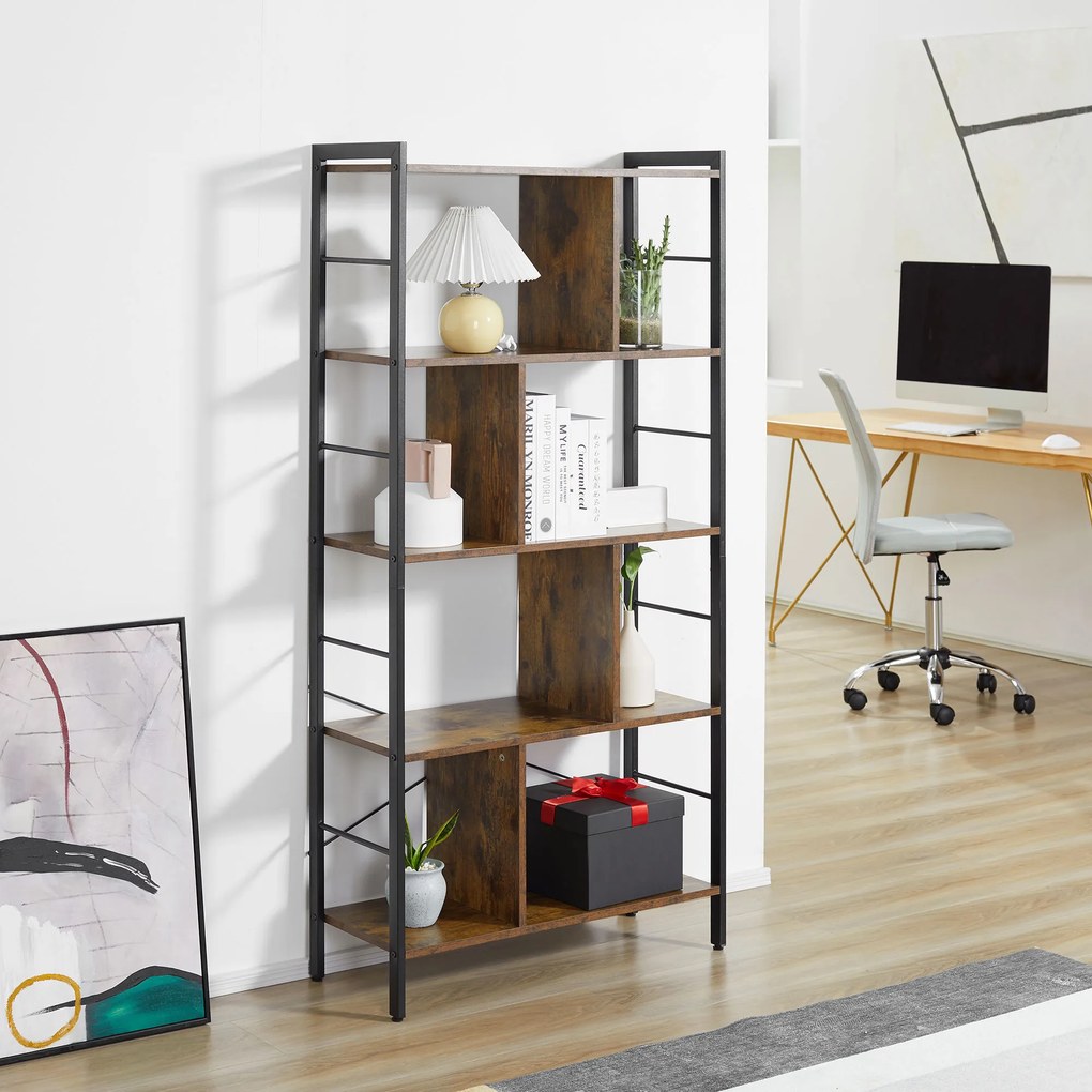 HOMCOM Bibliotecă cu 5 Rafturi, Compartimente Deschise, 77 x 30 x 157,5 cm, Maro Rustic și Negru | Aosom Romania