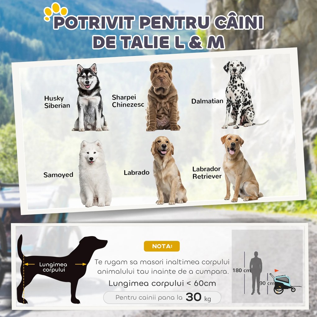 PawHut Remorcă Bicicletă pentru Câini cu Două Intrări Buzunare Cadru Oțel Țesătură 170x77x90cm Albastru | Aosom Romania