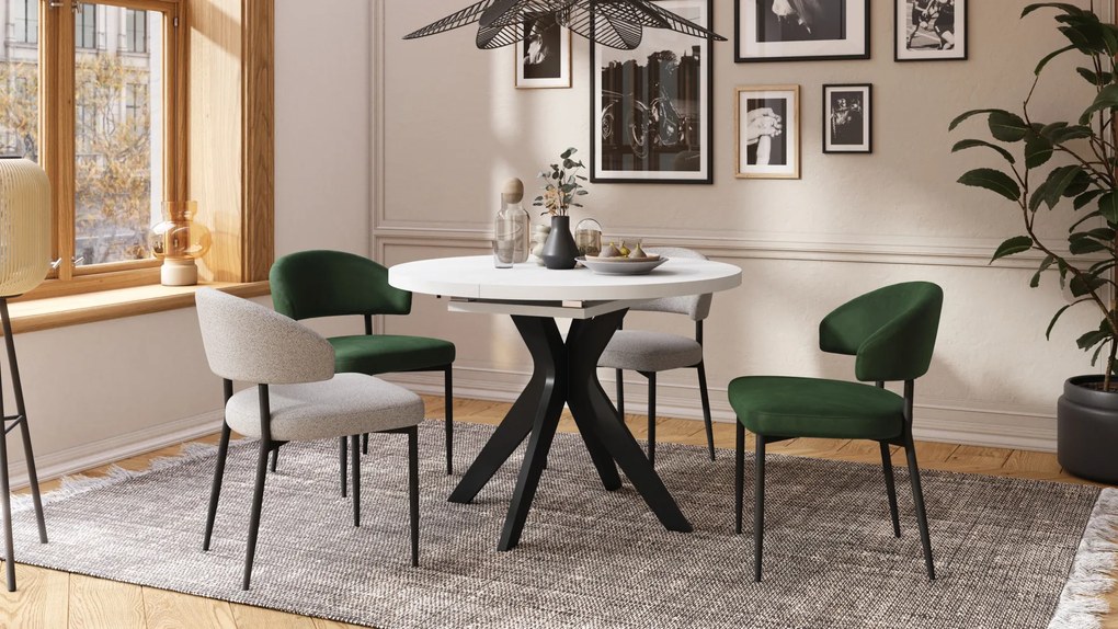 Mazzoni RENZO Alb/picior negru - MASĂ ROTUNDĂ Ø110 EXTENSIBILĂ PÂNĂ LA 180 cm | PENTRU BUCĂTĂRIE SUFRAGERIE LIVING RETRO