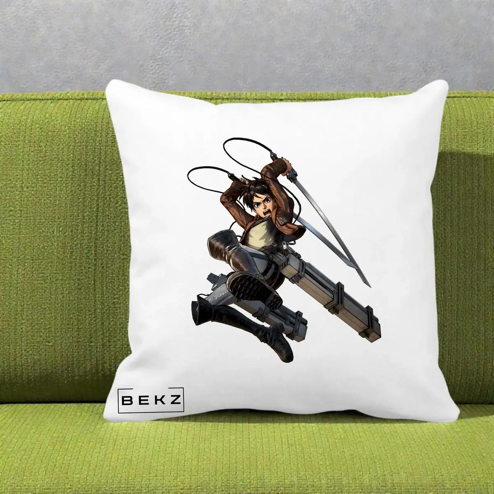 Perna Personalizata Attack on Titan Eren Yeager Lupta, 40x40 cm, Alba Mata, Husa Detasabila, Perna Inclusa, BEKZ®