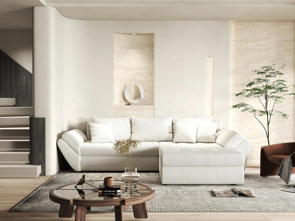 Colțar extensibil dumonde cu ladă de depozitare si sezut confortabil din spuma high-density, Loana Zoom Crem II 270x185 cm