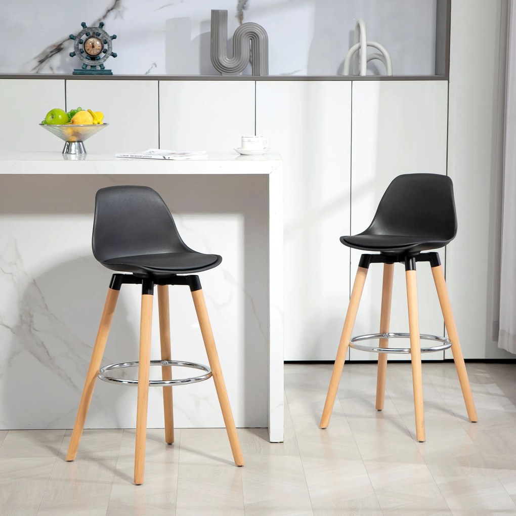 HOMCOM Set 2 Scaune de Bar Moderne din Piele Ecologică, Scaune Înalte de Bucătărie, Negru | Aosom Romania