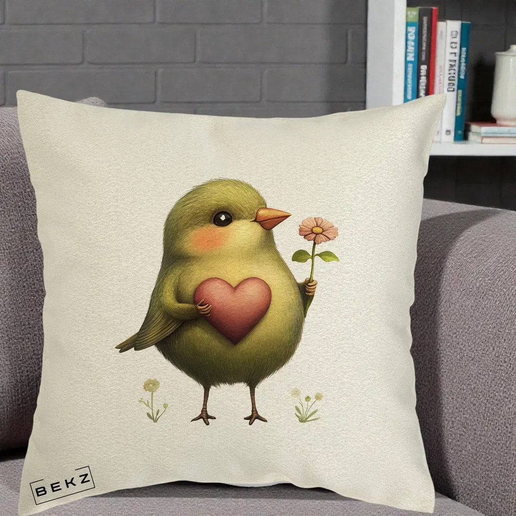 Perna Decorativa Pasare Verde cu Inima si Floare, 40x40 cm, Ecru, Husa Detasabila, Perna Inclusa, BEKZ®