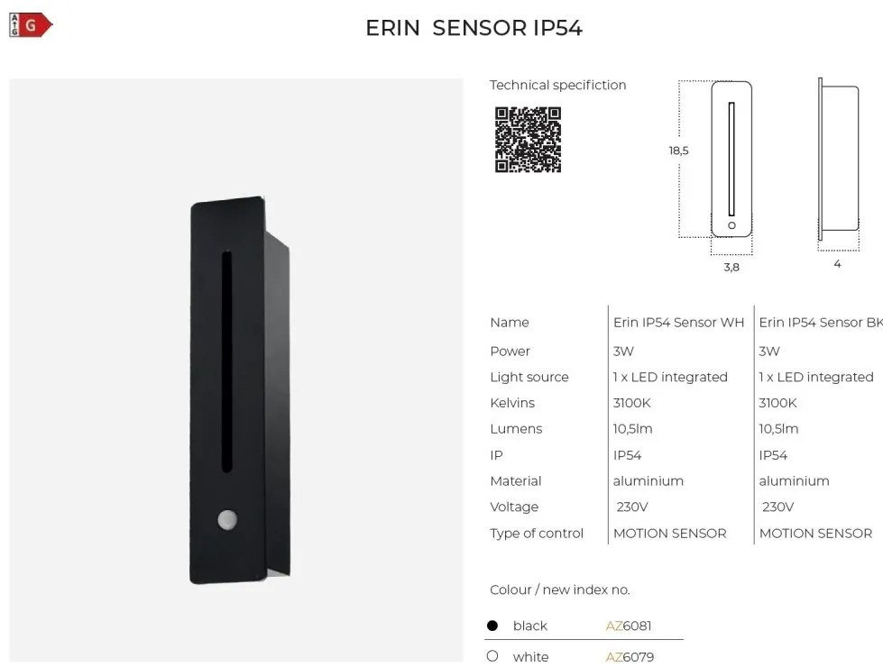 Spot LED incastrabil scari exterior cu senzor de miscare IP54 ERIN alb