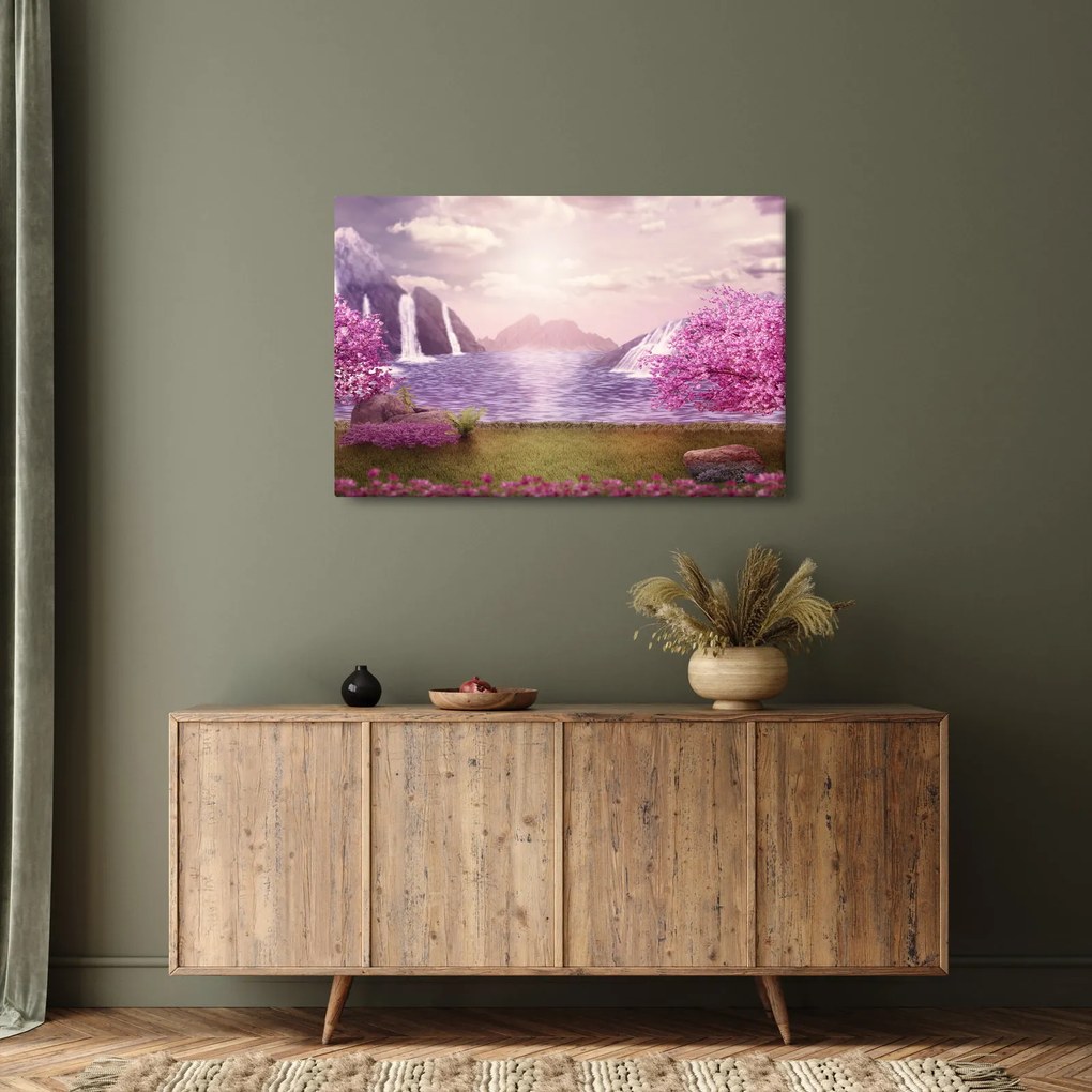 Tablou cu pomi roz cu lac (90x60 cm)