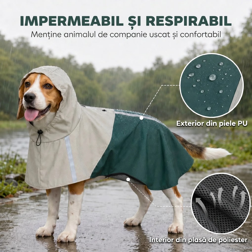 PawHut Haină Impermeabilă pentru Câini cu Glugă, Orificiu pentru Lesă și Benzi Reflectorizante, Talie Medie, Verde | Aosom Romania