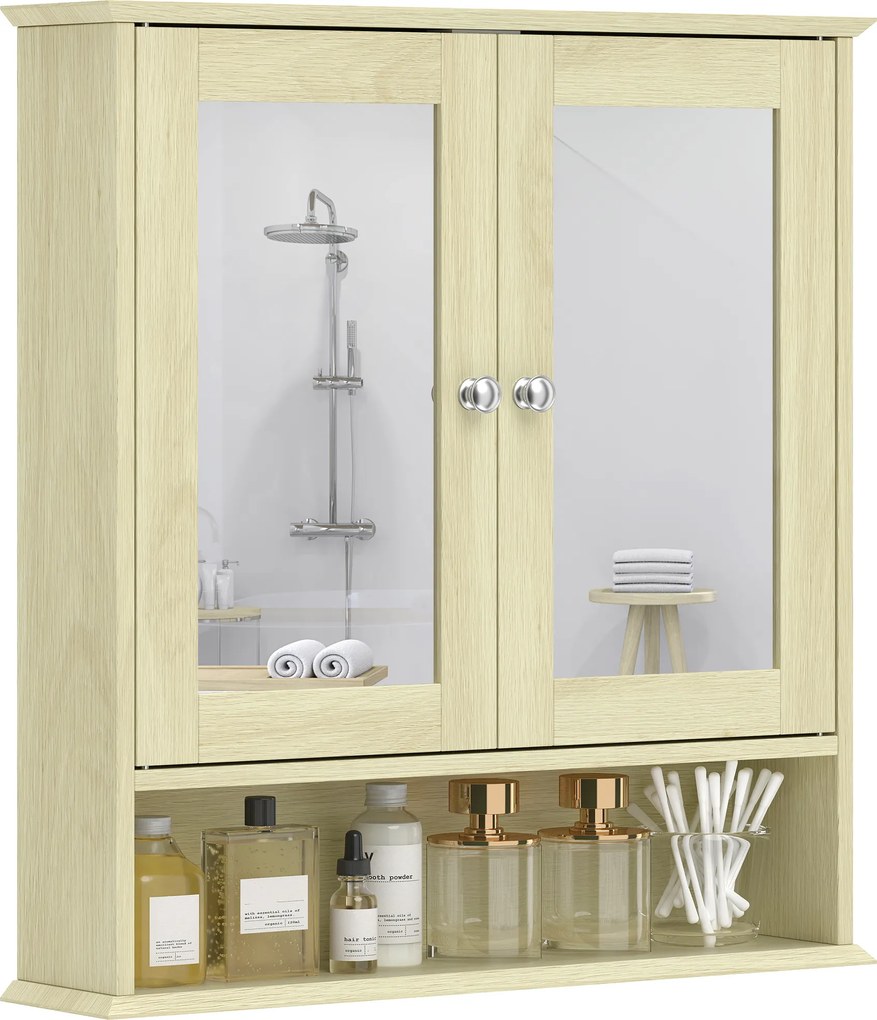 kleankin Dulap de perete pentru baie cu oglindă, 56 x 13 x 58 cm, mobilier de baie cu uși-oglindă duble, efect lemn natural | Aosom Romania