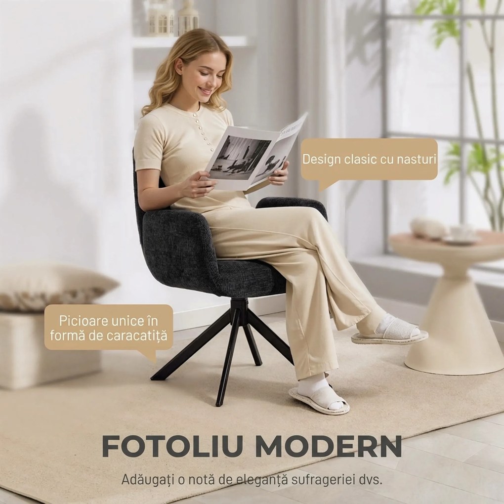 HOMCOM Fotoliu Rotativ pentru Dormitor, Material Textil cu Aspect de In și Picioare Înclinate din Oțel, Negru | Aosom Romania