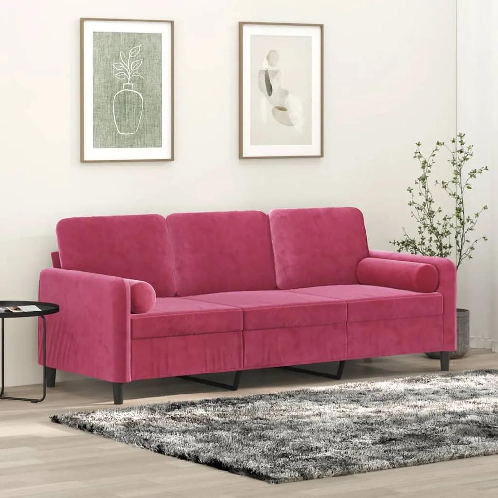 Canapea cu 3 locuri cu pernute, rosu vin, 180 cm, catifea