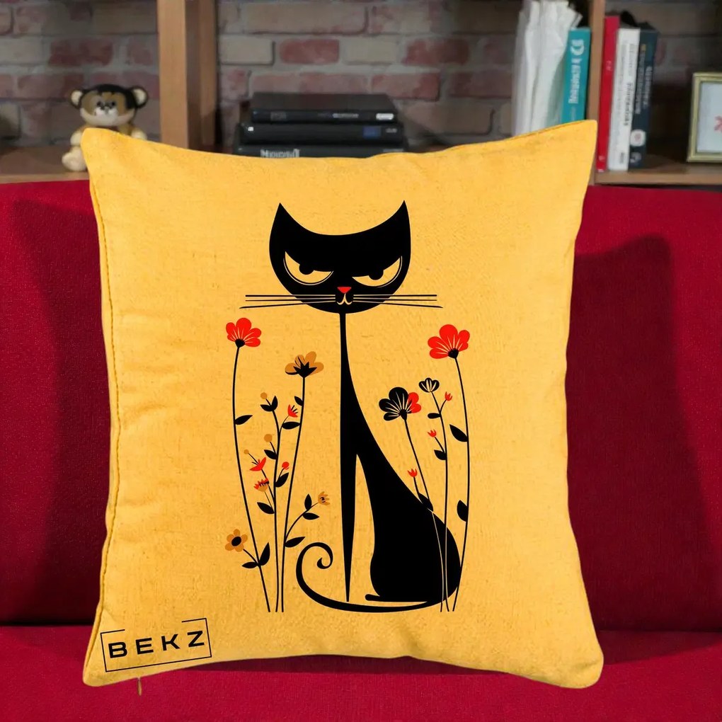 Perna Decorativa Pisica Neagra Grafica Flori Rosii, 40x40 cm, Galben, Husa Detasabila, Perna Inclusa, BEKZ®