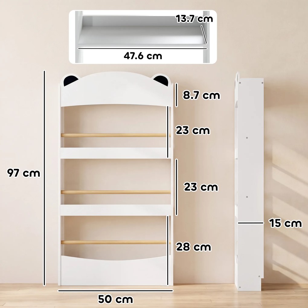 AIYAPLAY Bibliotecă Montessori pentru Copii 3-8 Ani, Ursuleț, cu 4 Polițe din Lemn, 50x15x97 cm, Alb | Aosom Romania