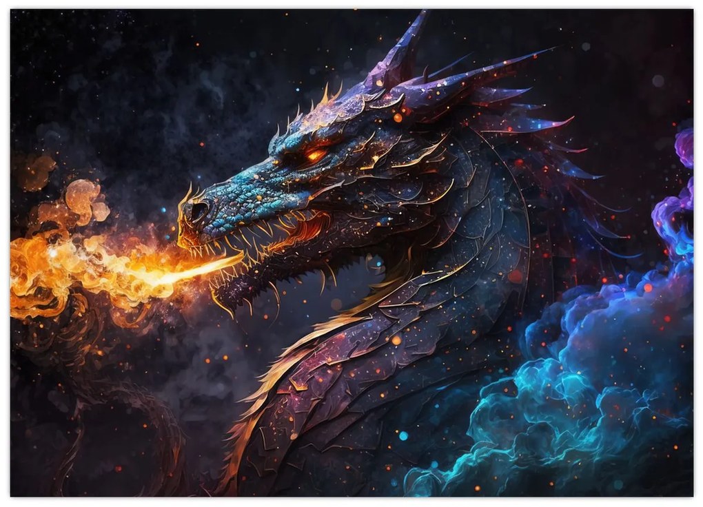 Tablou pe sticlă - Dragon scuipând flăcări (70x50 cm)