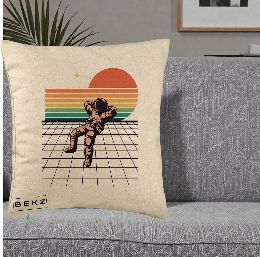 Perna Decorativa Astronaut Retro Space, 40x40 cm, Bej, Husa Detasabila, Perna Inclusa, BEKZ®