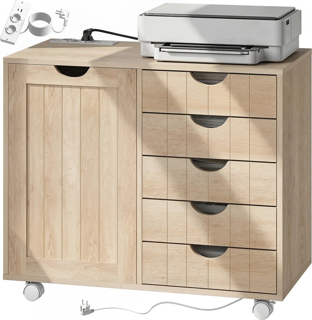 HOMCOM Mobilier pentru imprimantă cu stație de încărcare și roți 5 sertare porturi USB poliță reglabilă natural | Aosom Romania