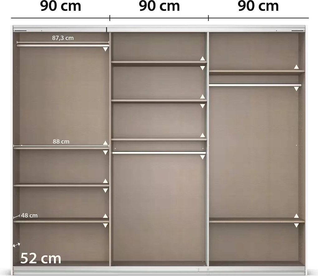 Dressing 271 cm lungime, 3 uși glisante, culoare gri antracit, compartimentare premium, 229 cm înălțime