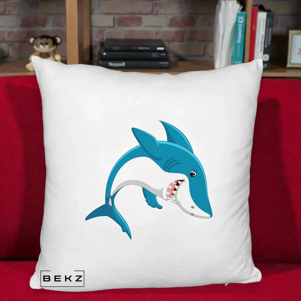 Perna Decorativa Rechin Albastru Cartoon, 40x40 cm, Alb Pufos, Husa Detasabila, Perna Inclusa, BEKZ®