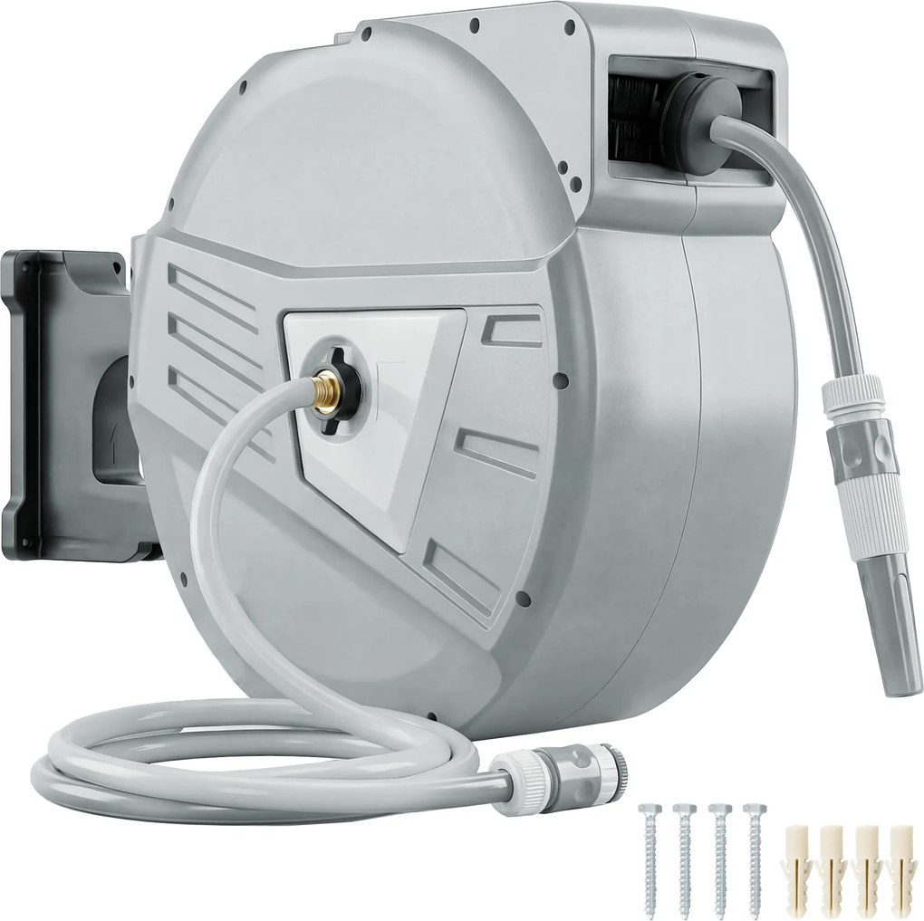 Outsunny Tambur furtun de perete 40+2 m x Ø 15mm, tambur pentru furtun de apă retractabil automat pivotant la 180°, Gri | Aosom Romania