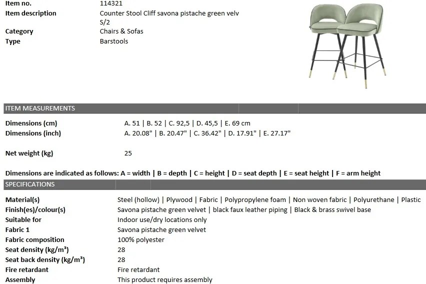 Set de 2 scaune de bar design modern Cliff, H-92,5cm verde 114321 HZ