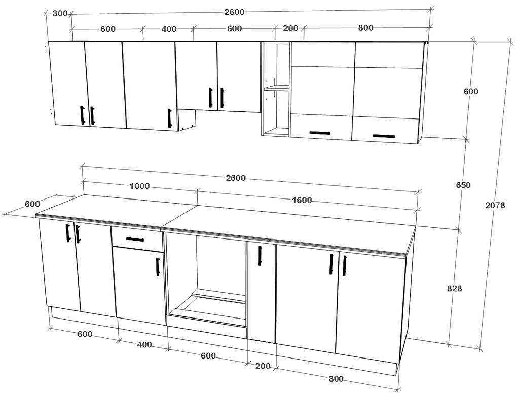 Set haaus V19, Gri Lucios/Alb, MDF, Blat Thermo 28 mm, L 260 cm