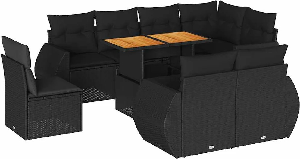vidaXL Set mobilier de grădină cu perne, 9 piese, negru, poliratan