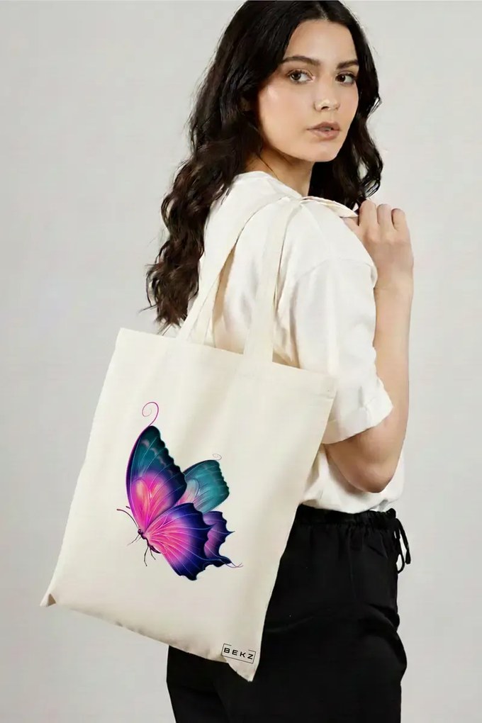 Sacosa de Panza pentru Cumparaturi, Geanta Tote, model Colorful Butterfly, 38x34.5 cm, Alba, BEKZ®