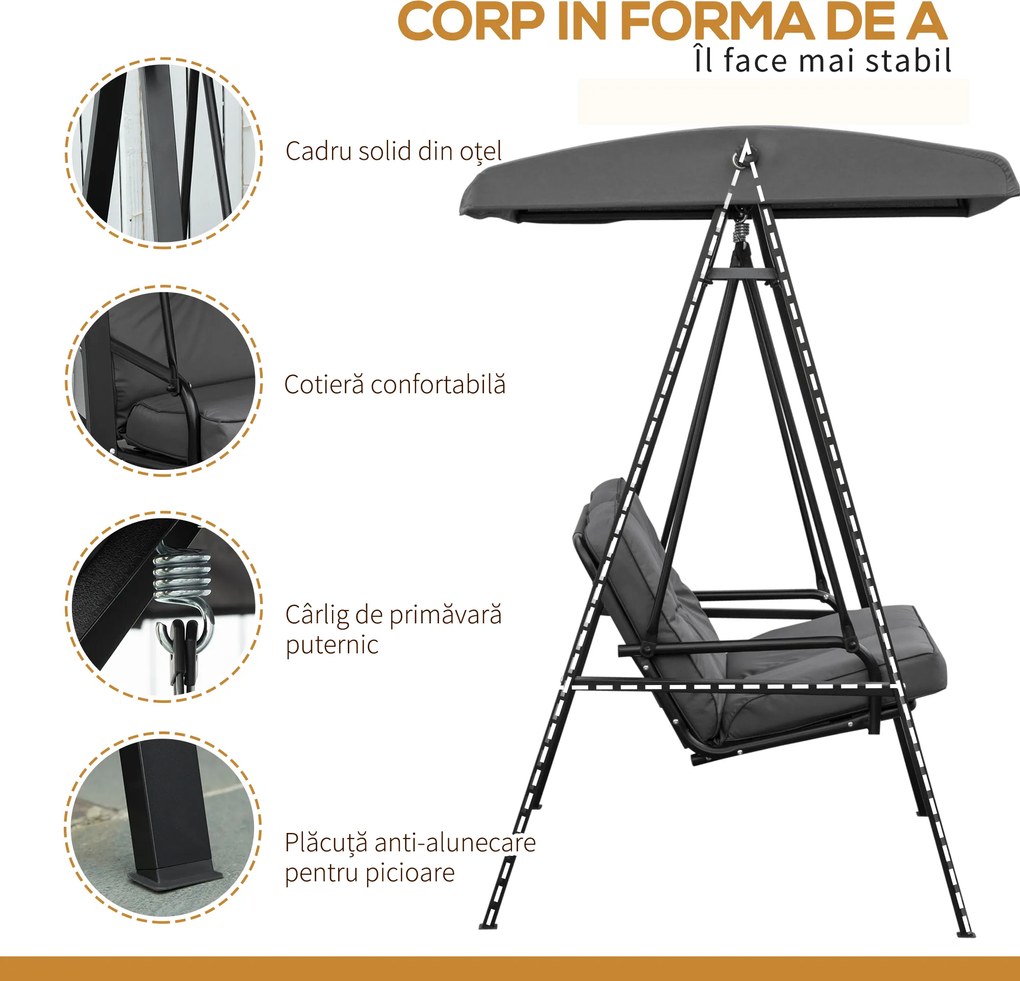 Outsunny Balansoar de Grădină 2 Locuri cu Acoperiș Reglabil și Perne, 144x117x173 cm, Gri Închis | Aosom Romania