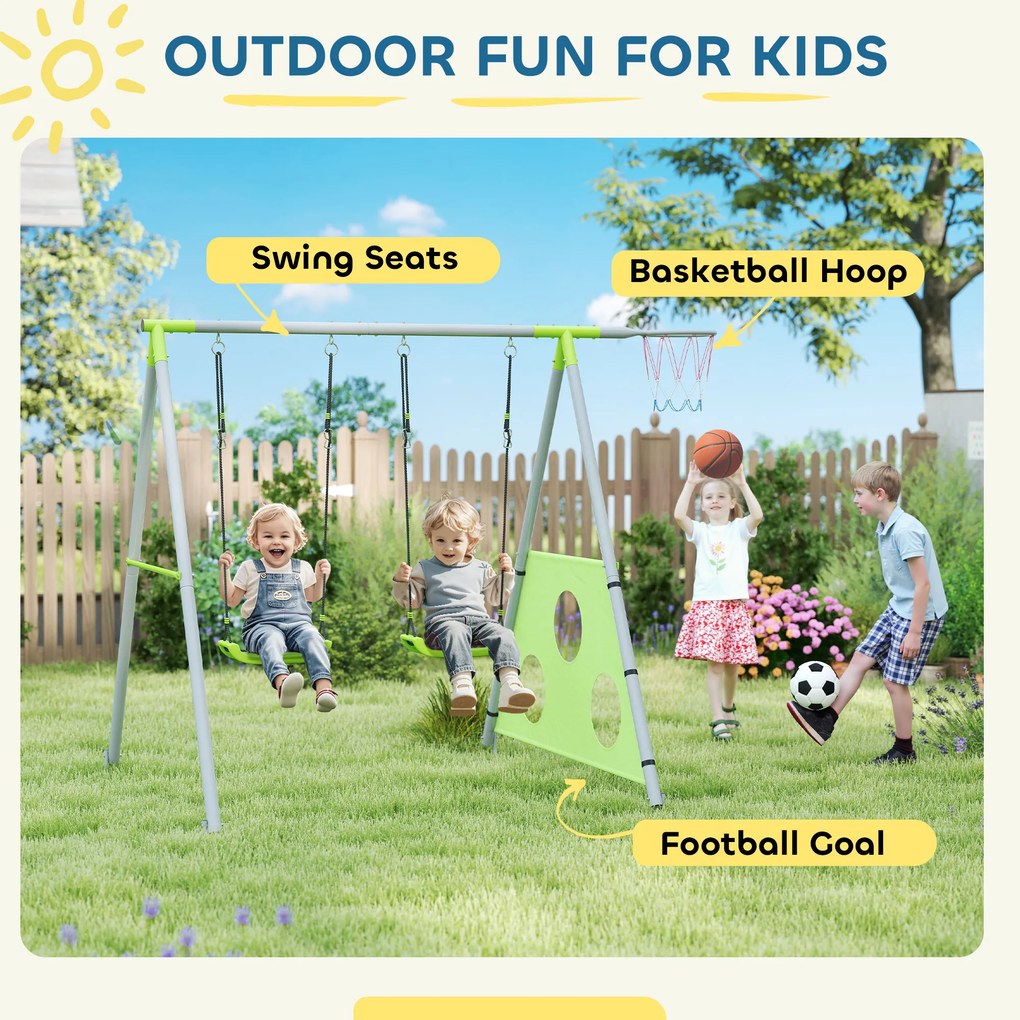 AIYAPLAY Leagăn de Grădină 3 în 1 pentru Copii 3-8 Ani cu Coș de Baschet și Poartă de Fotbal, 238x180x182 cm, Verde | Aosom Romania