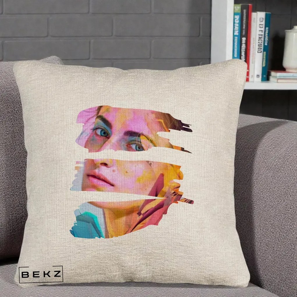 Perna Decorativa Portret Femeie Fragmentat Colorat, 40x40 cm, Bej Canapea, Husa Detasabila, Perna Inclusa, BEKZ®