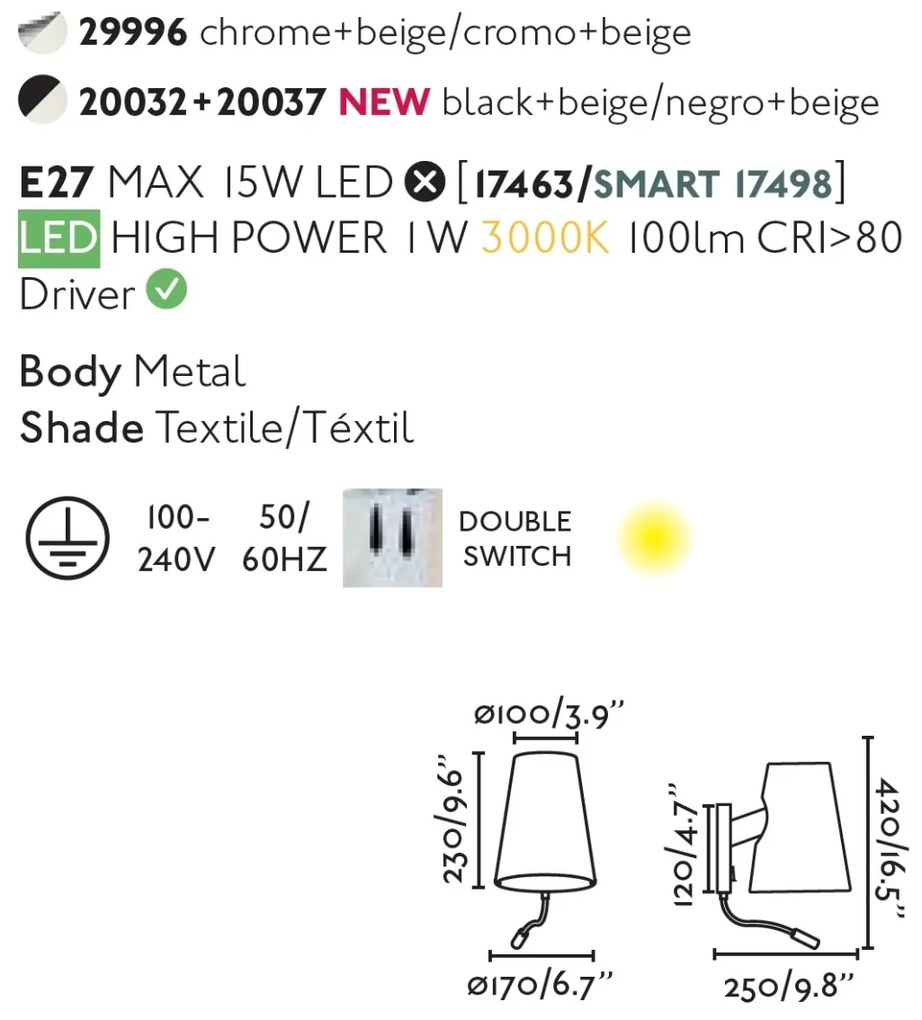 Aplica cu reader LED moderna design elegant LUPE negru/bej