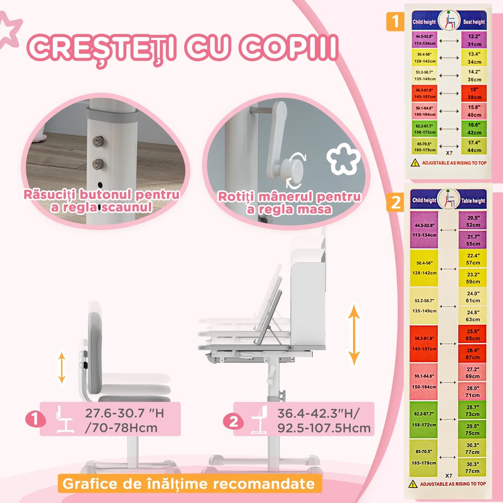 AIYAPLAY Birou Copii 3-12 Ani Reglabile pe Înălțime și Blat Înclinabil la 45°, 80x55x107.5 cm, Gri | Aosom Romania