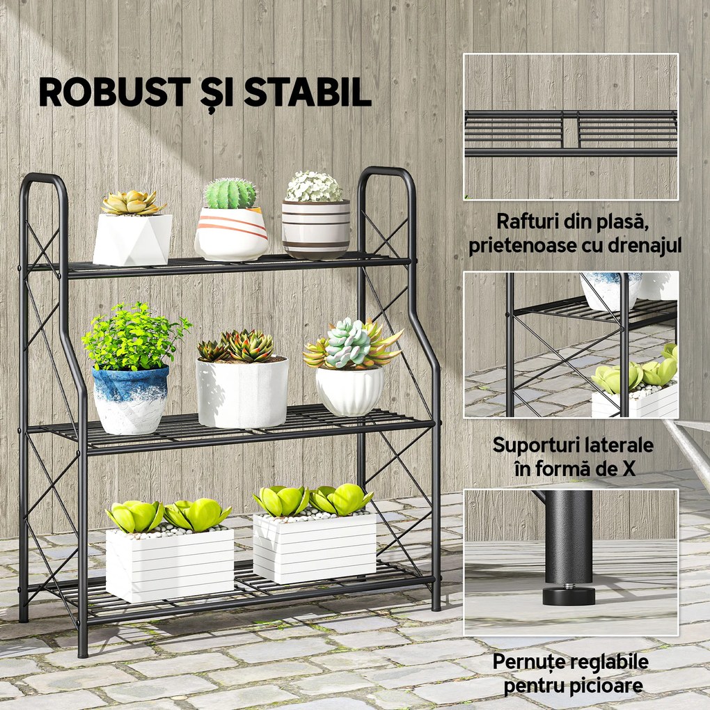 Outsunny Suport pentru Plante Vertical cu 3 Niveluri, cu Suporturi Laterale în X, Suport Ghivece cu Mânere Integrate din Metal pentru Interior și Exterior, 69x28.5x78 cm, Negru | Aosom Romania