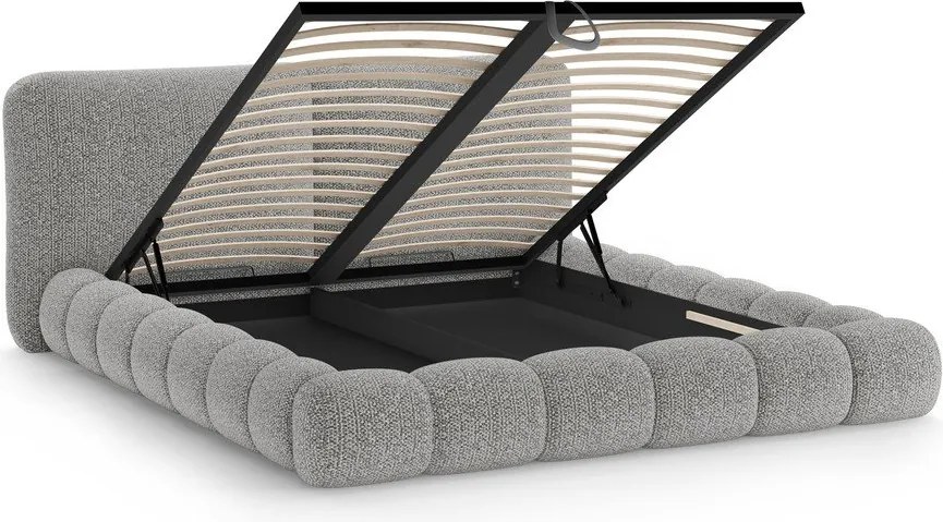 Pat matrimonial gri tapițat cu spațiu de depozitare cu somieră 180x200 cm Solange – Micadoni