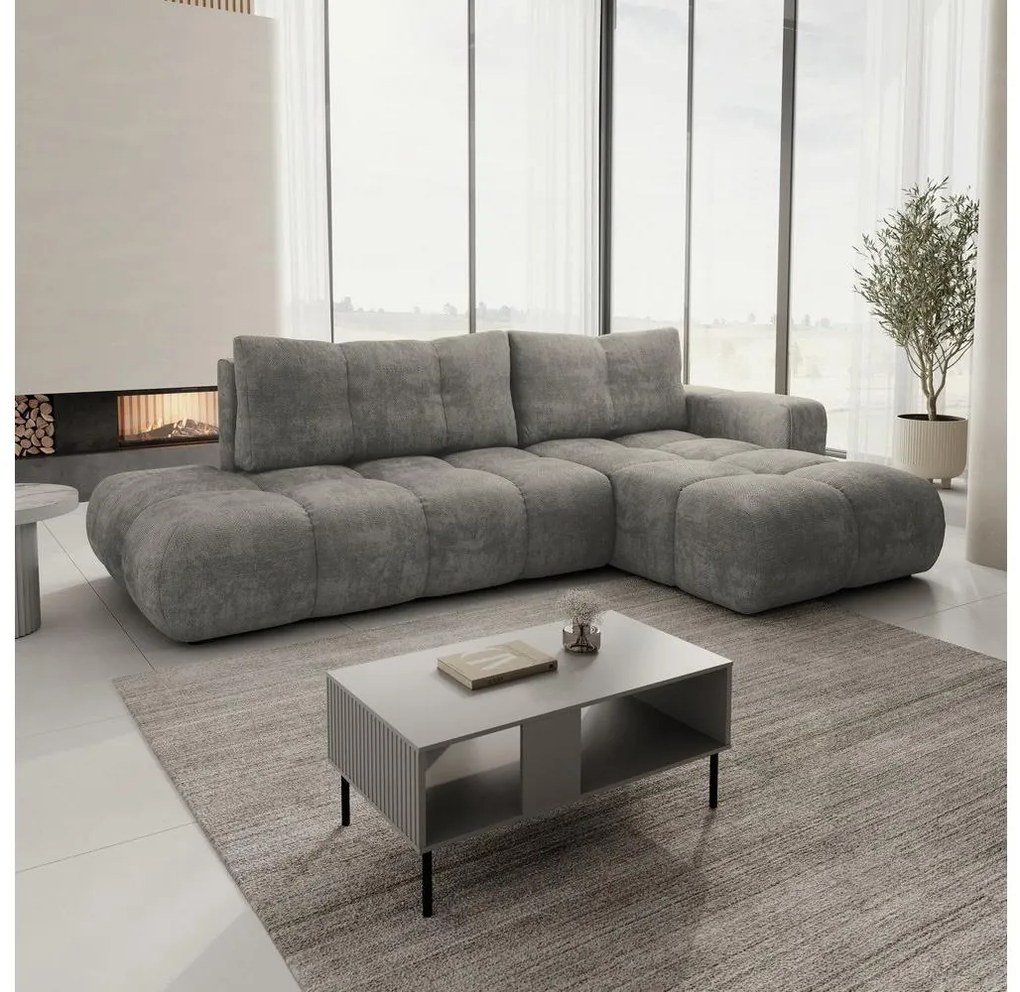 Colțar extensibil tapițat ALMADA, cu spațiu de depozitare, formă L, pe partea dreaptă, gri