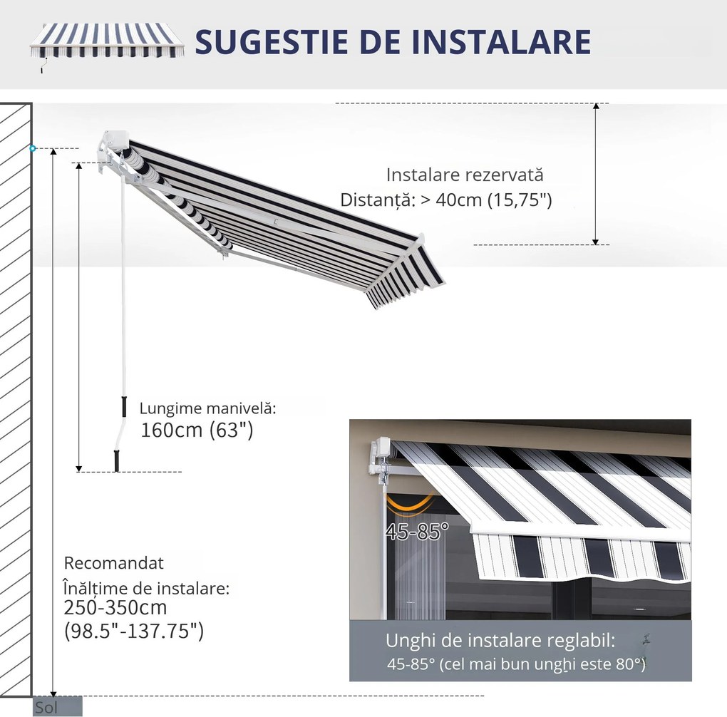 Outsunny Perdea Soare Rulou Exterior Manual cu Dungi Albastru și Alb pentru Terasă și Balcon 2.5x2m | Aosom Romania