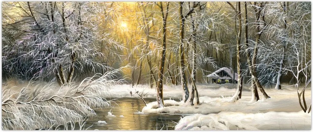 Tablou - Cabană în pădure, pictură în uei (120x50 cm)