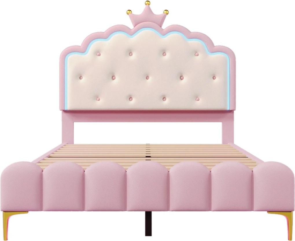 Pat tapițat 140x200 cm cu somieră cu lamele, formă de prințesă moștenitoare, fără saltea, Roz