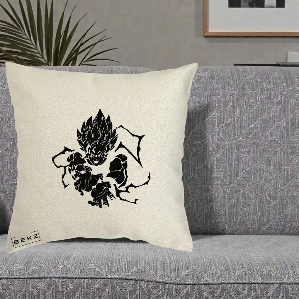 Perna Personalizata Dragon Ball Goku Super Saiyan Silueta, 40x40 cm, Ecru, Husa Detasabila, Perna Inclusa, BEKZ®