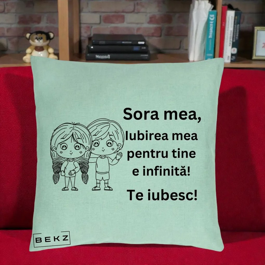 Cadou pentru Sora - Perna Personalizata Sora Mea Te Iubesc Copii Anime Line Art, 40x40 cm, Verde Menta, Husa Detasabila, Perna Inclusa, BEKZ®