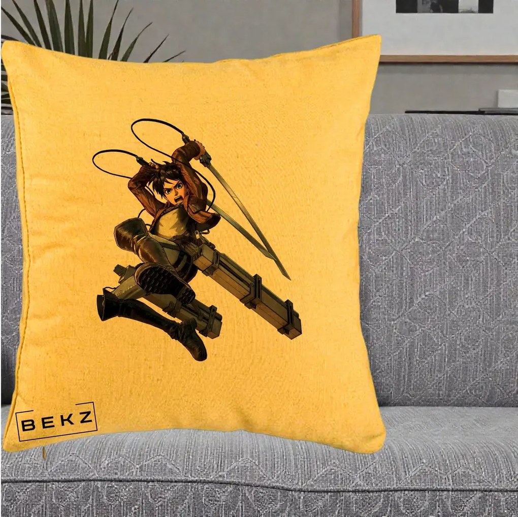 Perna Personalizata Attack on Titan Eren Yeager Lupta, 40x40 cm, Galben, Husa Detasabila, Perna Inclusa, BEKZ®